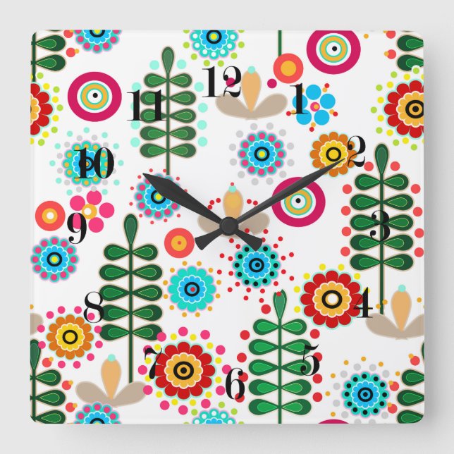 Retro, Blume Quadratische Wanduhr (Vorderseite)