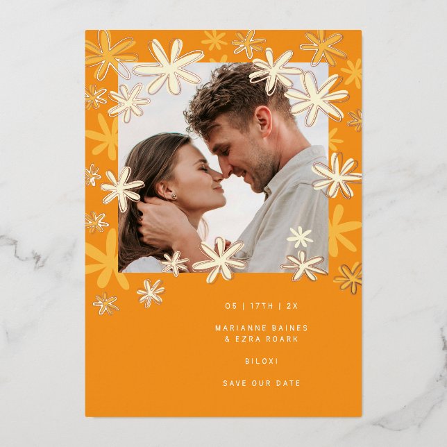 RETRO-BLUME SAVE THE DATE FOLIENEINLADUNG (Vorderseite)