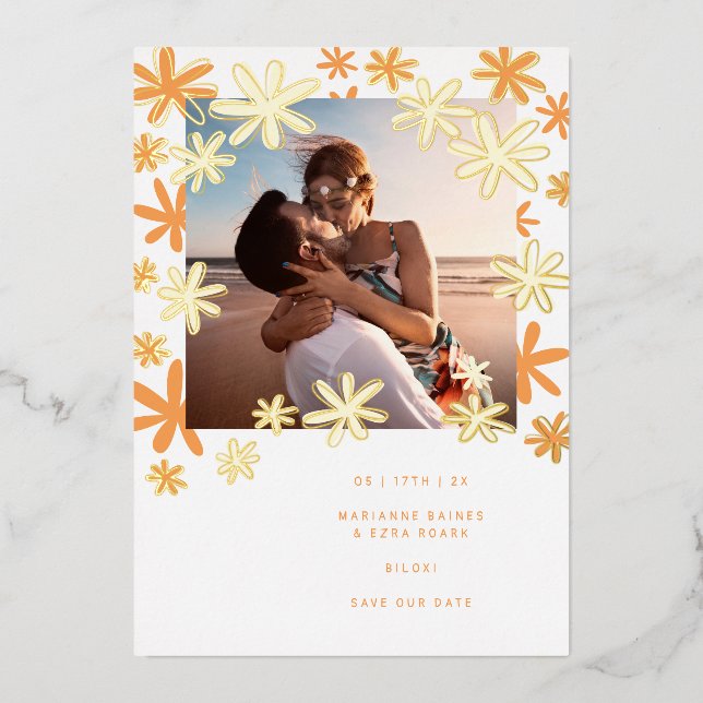 RETRO-BLUME SAVE THE DATE FOLIENEINLADUNG (Vorderseite)