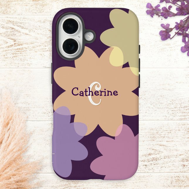 Retro Blume Shapes Groovy Mit Monogramm Case-Mate iPhone Hülle (A stylish floral phone case with a 70s-inspired boho look, personalized with a monogram)