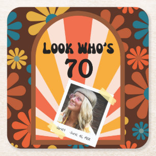 Retro Blume Sonnenaufgang Foto Geburtstagspapier U Rechteckiger Pappuntersetzer