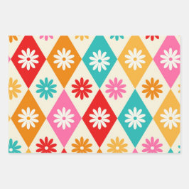 Retro-Blume über farbenfrohe Vintage Diamanten Geschenkpapier Set