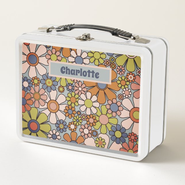 Retro Blume Vintag 60er 70er Personalisiert Metall Brotdose (Vorderseite)