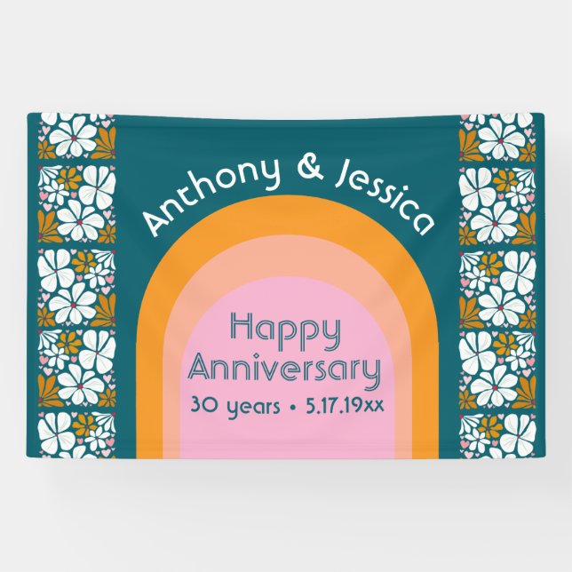 Retro-Blume zum Jahrestag Groovy 70er Boho Banner (Horizontal)