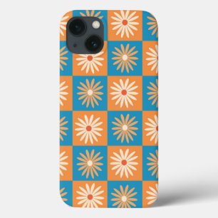 Retro-Blumen auf blauem und orangefarbenem Schachb Case-Mate iPhone Hülle