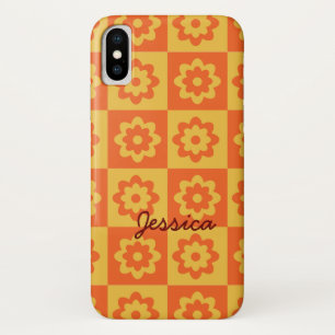 Retro-Blumen auf gelb-orangen Schachbrettmuster -  Case-Mate iPhone Hülle