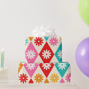 Retro-Blumen auf Mid-Century-Diamanten-Muster Geschenkpapier