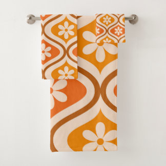 Retro-Blumen auf orangefarbenem und bernsteinfarbe Badhandtuch Set