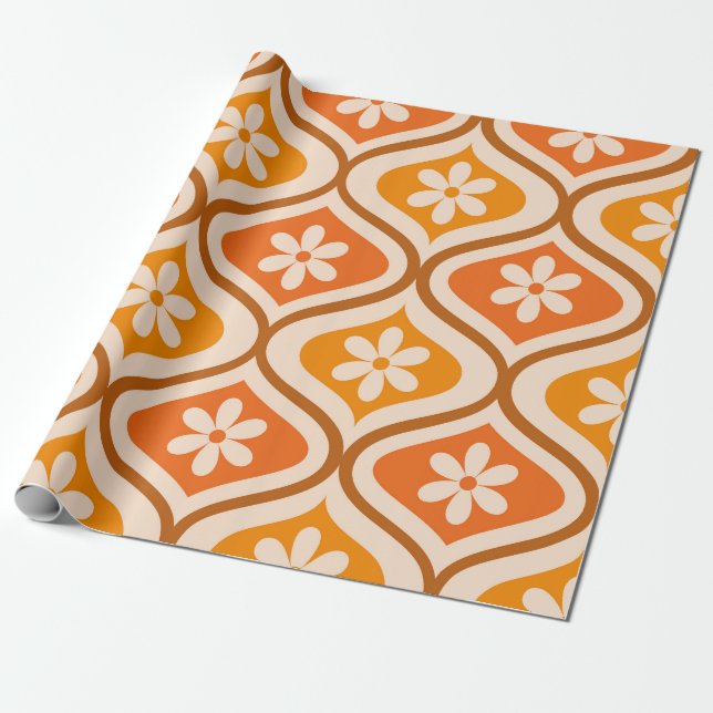 Retro-Blumen auf orangefarbenem und bernsteinfarbe Geschenkpapier (Ungerollt)
