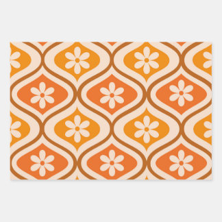 Retro-Blumen auf orangefarbenem und bernsteinfarbe Geschenkpapier Set