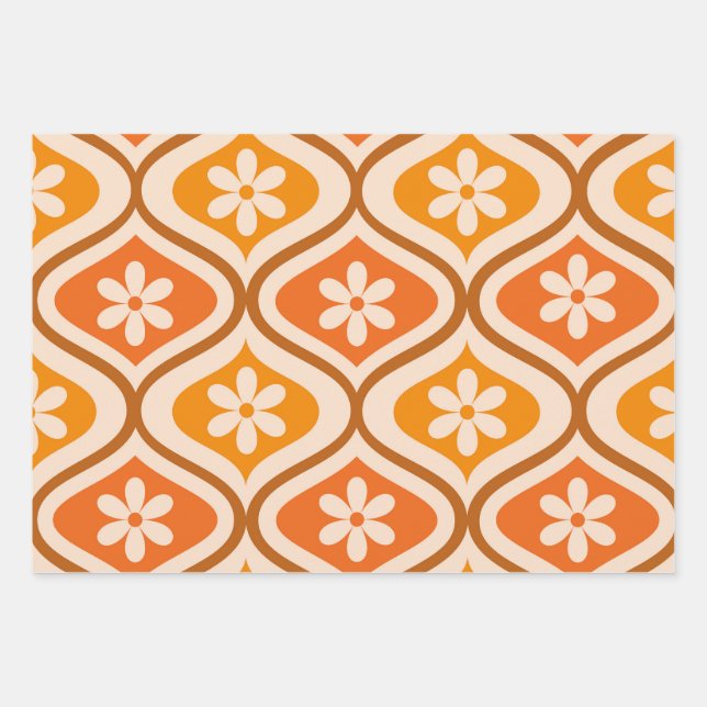 Retro-Blumen auf orangefarbenem und bernsteinfarbe Geschenkpapier Set (Vorderseite)
