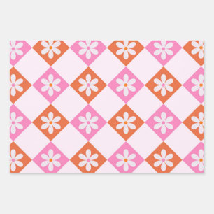 Retro-Blumen auf orangefarbenen und rosa Diamanten Geschenkpapier Set