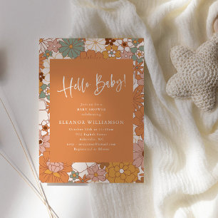 Retro-Blumen-Baby-Party in warmem Orange, vintage  Einladung