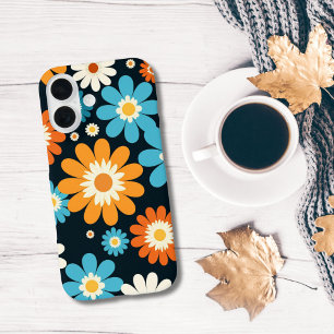 Retro Blumen Blumen Blau Orange Weiß Groovy iPhone 16 Hülle