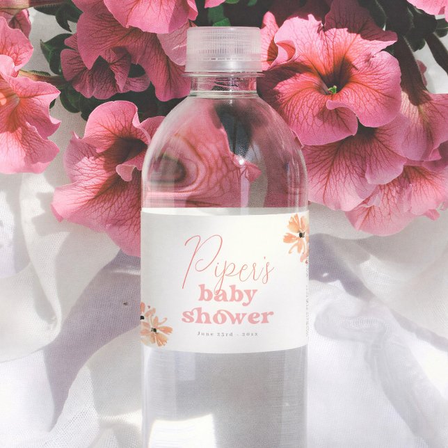 Retro Blumen Boho Mädchen Babyparty Wasserflaschenetikett (Von Creator hochgeladen)