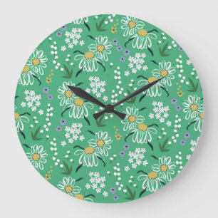 Retro-Blumen, botanisches nahtloses Muster. Große Wanduhr
