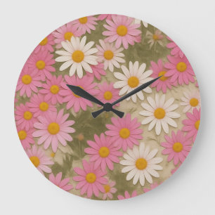 Retro-Blumen-Daisy-Muster Ästhetisches Design Große Wanduhr
