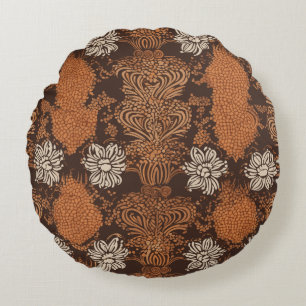 Retro-Blumen-Damaskus Braun und verbranntes Orange Rundes Kissen