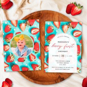 Retro-Blumen-Erdbeere-First-Birthday-Foto Einladung