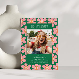 Retro-Blumen-Frieden-Rosa-Grüne-Sweet-16-Party-Fot Einladung