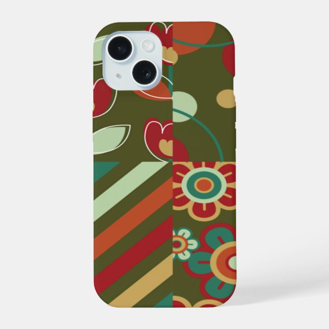 Retro-Blumen Gänseblümchen Streifen Punkte Muster  iPhone 15 Hülle (Rückseite)