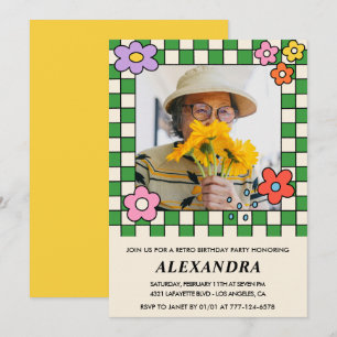 Retro-Blumen Groovy-Foto 94. Geburtstag Einladung