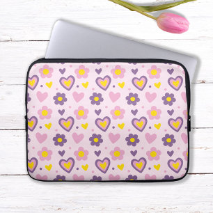 Retro-Blumen-Herzen-Muster Rosa, Lila, Gelb Laptopschutzhülle