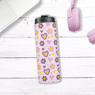 Retro-Blumen-Herzen-Muster Rosa, Lila, Gelb Thermosbecher
