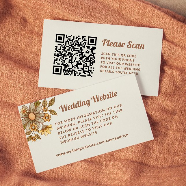Retro-Blumen | Hochzeitswebsite-QR-Code Begleitkarte (Wedding website cards with retro flowers and a scannable QR code)
