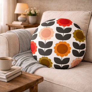 Retro-Blumen im Mid-Century-Modern-Stil Rundes Kissen