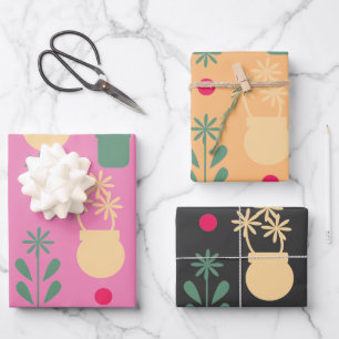 Retro-Blumen im Topf Gelb Gartenmuster Geschenkpapier Set