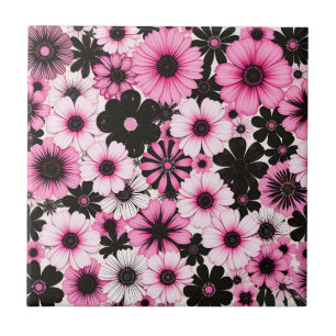 Retro-Blumen in Rosa und Schwarz Fliese