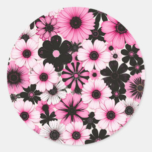 Retro-Blumen in Rosa und Schwarz Runder Aufkleber