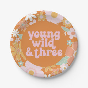 Retro-Blumen-Jung-Wild-Drei-Geburtstagspapiertelle Pappteller