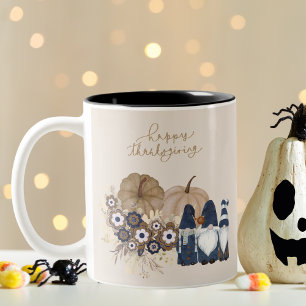 Retro-Blumen-Kürbisse-Denim-Gnome-Thanksgiving Zweifarbige Tasse