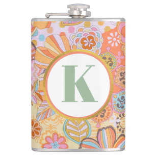 Retro-Blumen-Monogramm Groovy-Muster Flachmann