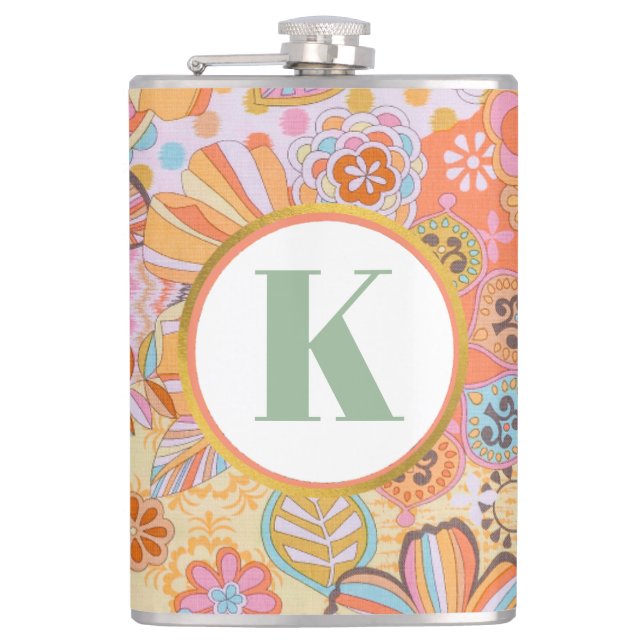 Retro-Blumen-Monogramm Groovy-Muster Flachmann (Vorderseite)