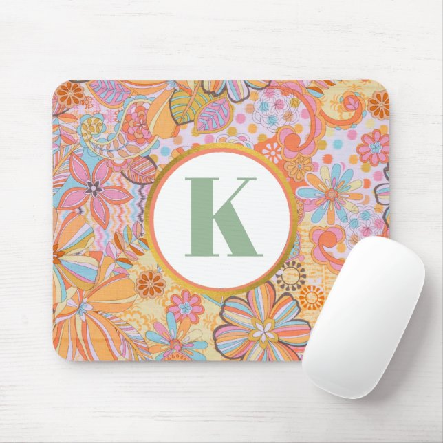 Retro-Blumen-Monogramm Groovy-Muster Mousepad (Mit Mouse)