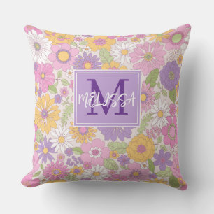 Retro-Blumen-Monogramm-Schriftzug-Akzent Mädchen Kissen