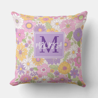 Retro-Blumen-Monogramm-Schriftzug-Akzent Mädchen Kissen