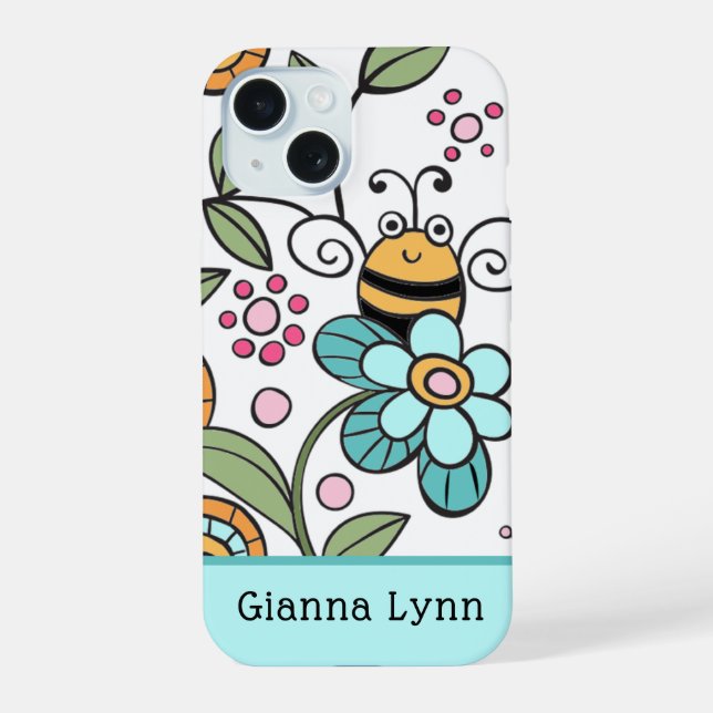 Retro-Blumen-Muster mit Hummel-Monogramm iPhone 15 Hülle (Rückseite)