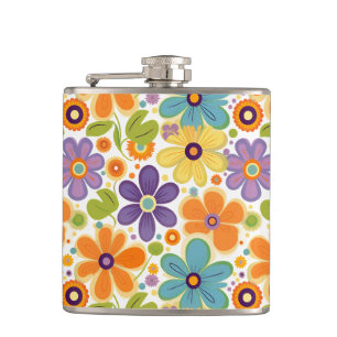 Retro-Blumen Orange Flieder und Grün Flachmann