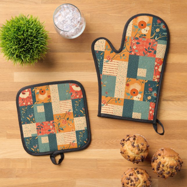 Retro-Blumen-Patchwork-Decke Ofenhandschuh & Topflappen-Set (Oben Unten)