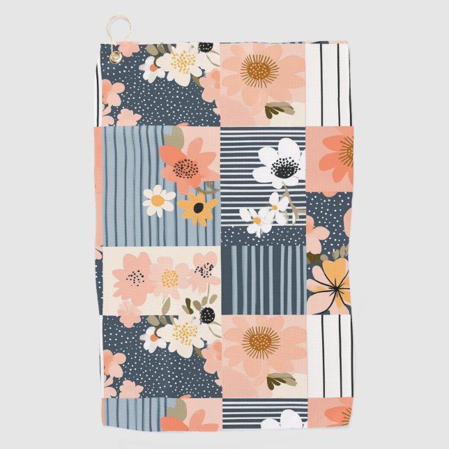 Retro-Blumen-Patchwork in Rosa und Blau Golfhandtuch (Vorderseite)