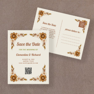 Retro-Blumen QR-Code Hochzeit Termin vormerken Ankündigungspostkarte