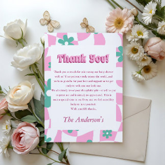 Retro-Blumen-Rosa-Schachbrett-Baby-Party Dankeskarte
