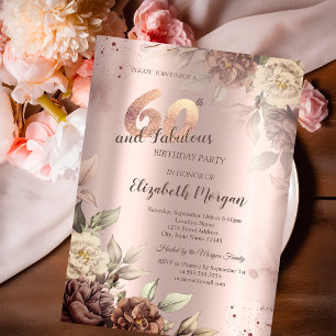 Retro Blumen Rose Gold 60. Geburtstag  Einladung
