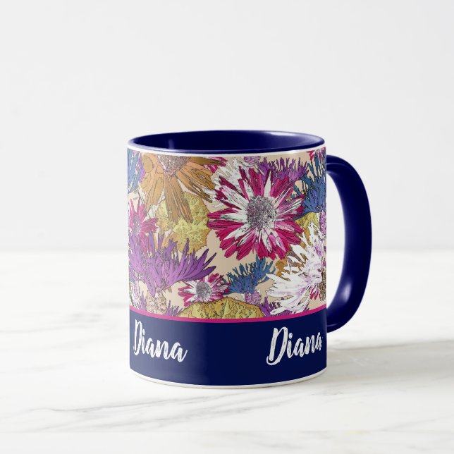Retro, Blumen, rote Blume, Blumenstrauß, blaue Blu Tasse (VorderseiteRechts)