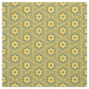Retro-Blumen-Sechseckmuster - Gelb und Blau Stoff