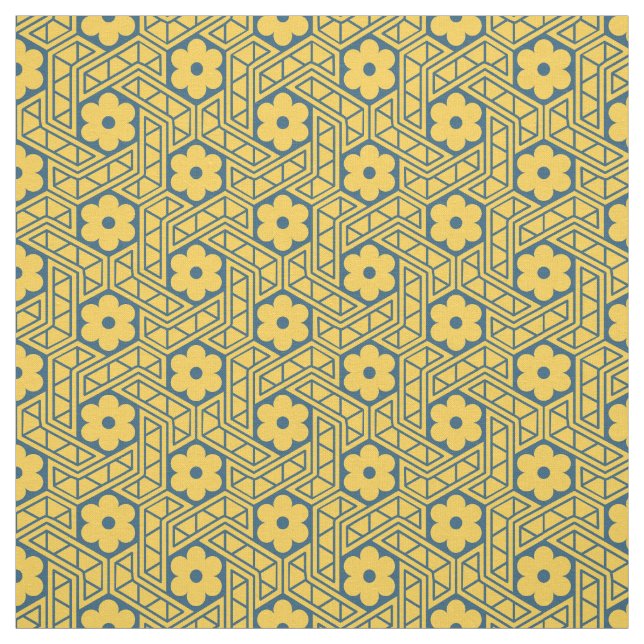 Retro-Blumen-Sechseckmuster - Gelb und Blau Stoff (Muster)